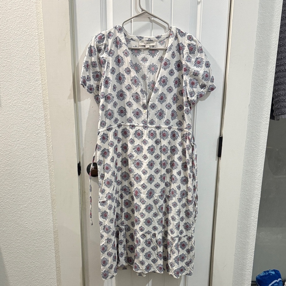 LOFT White and Purple Patterned Midi Dress